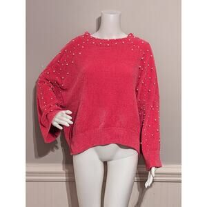 Women's Crown and Ivy Medium Hot Pink Sweater with Pearls